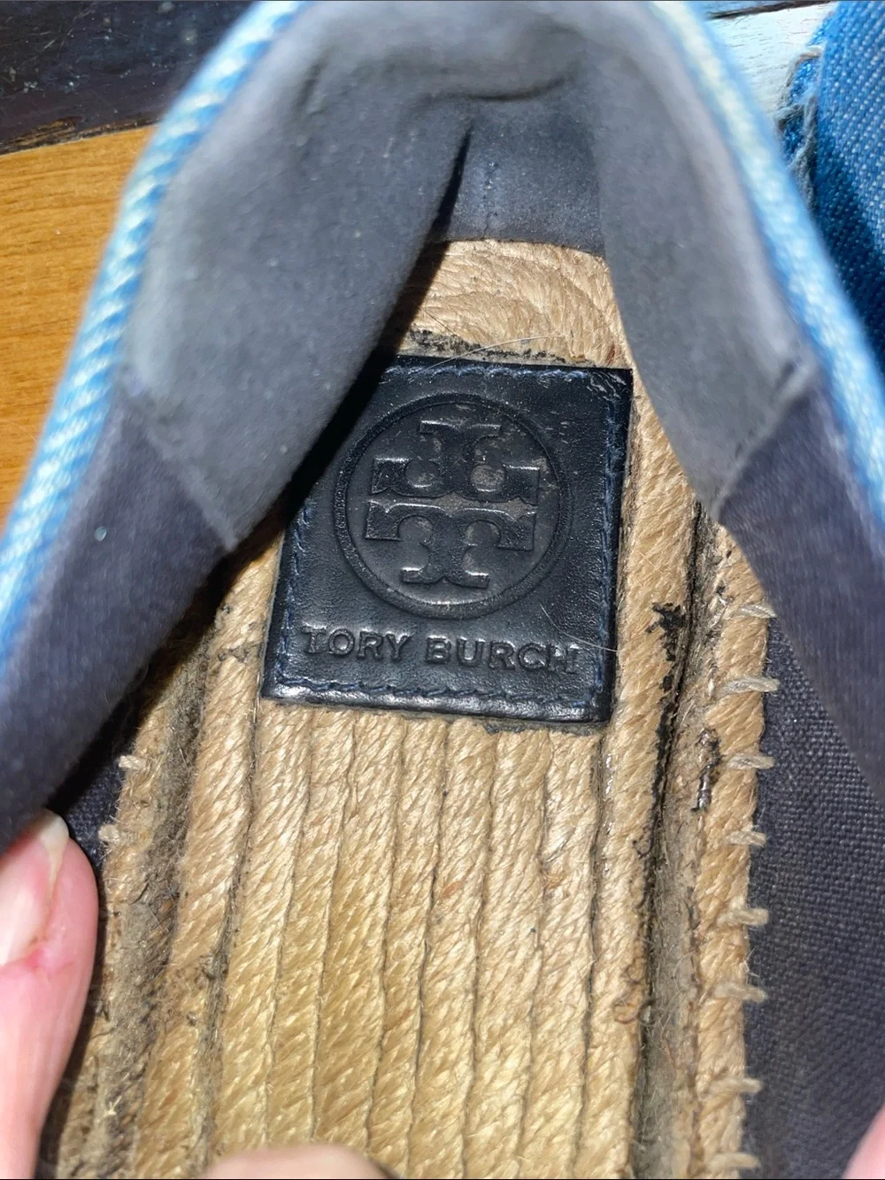 Tory Burch Denim Blue Espadrille Slip-Ons with Black Leather Toe Caps, Size 8